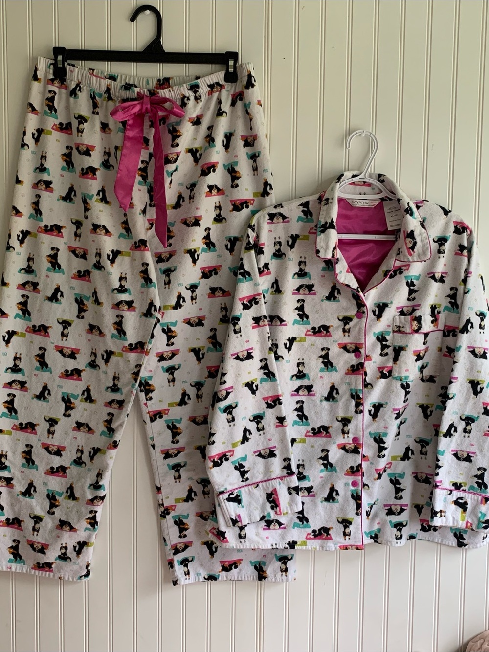 Women’s White Doggy Yoga KayAnna 100% Cotton Flannel Pajama Set with Pink Trim